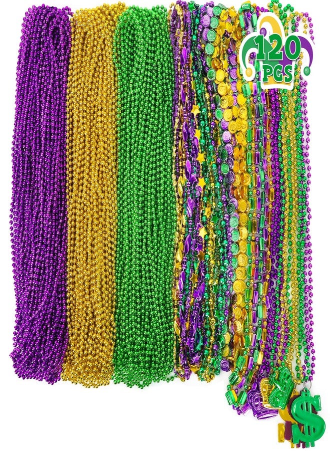 Huskein 120 PCS Mardi Gras Beads Necklace Bulk, 9 Styles Mardi Gras Accessories, Purple Gold Green Mardi Gras Beads Necklaces for Mardi Gras Parade Throws Masquerade Costume Party Decorations - Image 1