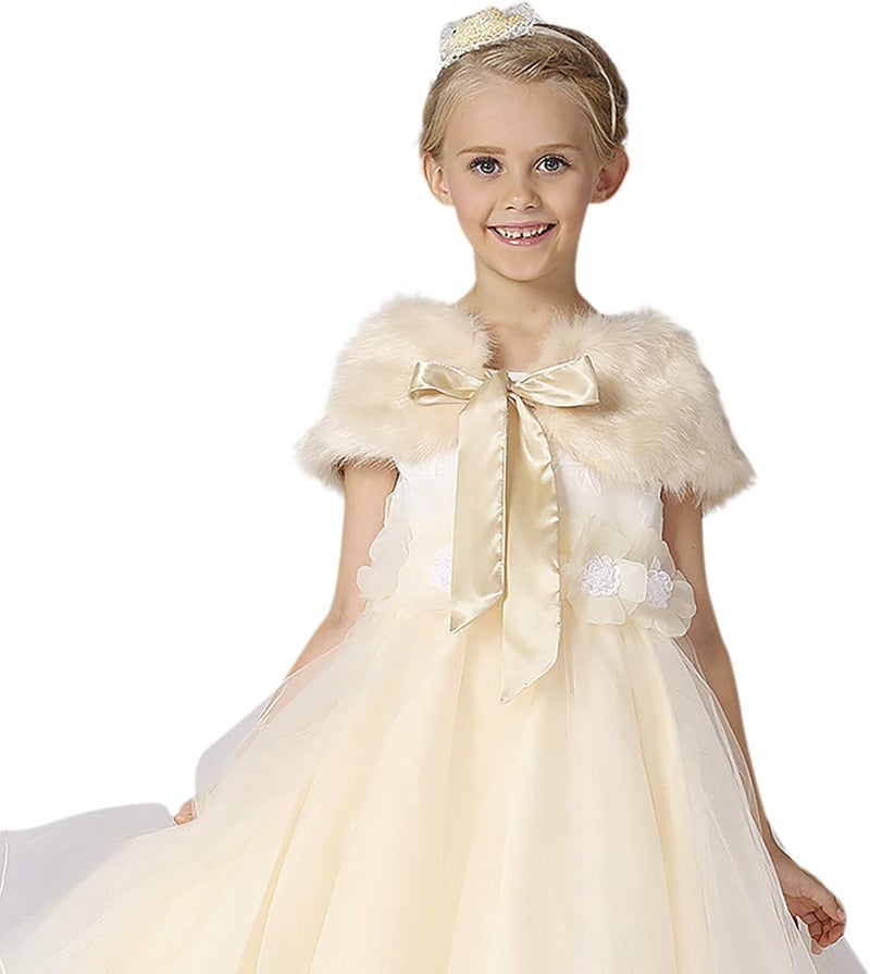 BXT Flower Girls Faux Fur Princess Cape Winter Warm Shoulder Wrap Ribbon Ties Wedding Birthday Party Dress Costume - Image 1