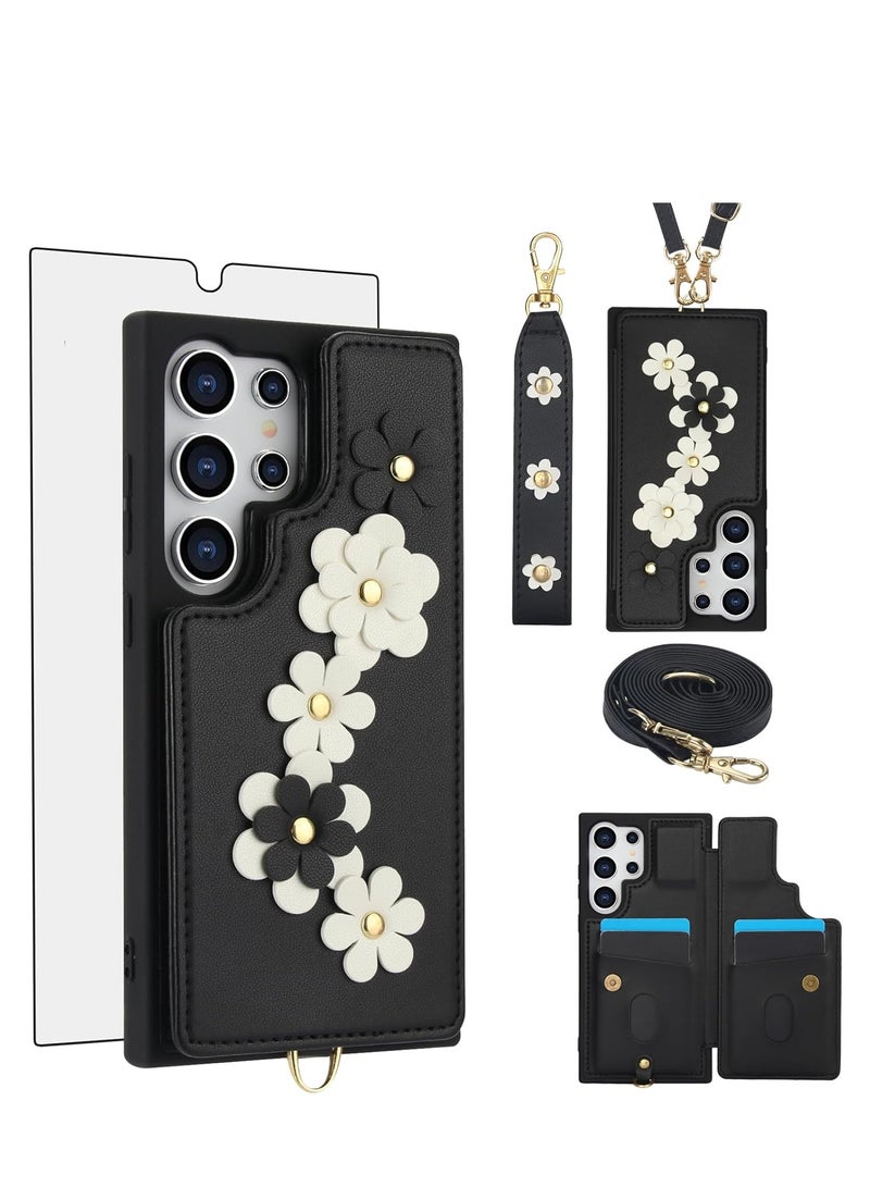 Phone Case for Samsung Galaxy S24 Ultra 5G Wallet Cover with Tempered Glass Screen Protector Card Holder Slot Crossbody Strap Flower Cell Accessories Black  - Image 1