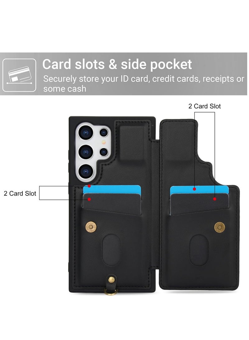 Phone Case for Samsung Galaxy S24 Ultra 5G Wallet Cover with Tempered Glass Screen Protector Card Holder Slot Crossbody Strap Flower Cell Accessories Black  - Image 2