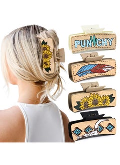 Western Hair Claw Clips Cow Print Sunflower Feather Pattern Leather Large Hair Clips 4 Pcs Brown Neutral Hair Clips 4" Country Girls Cowgirl Stuff Western Hair Accessories Gift For Girls