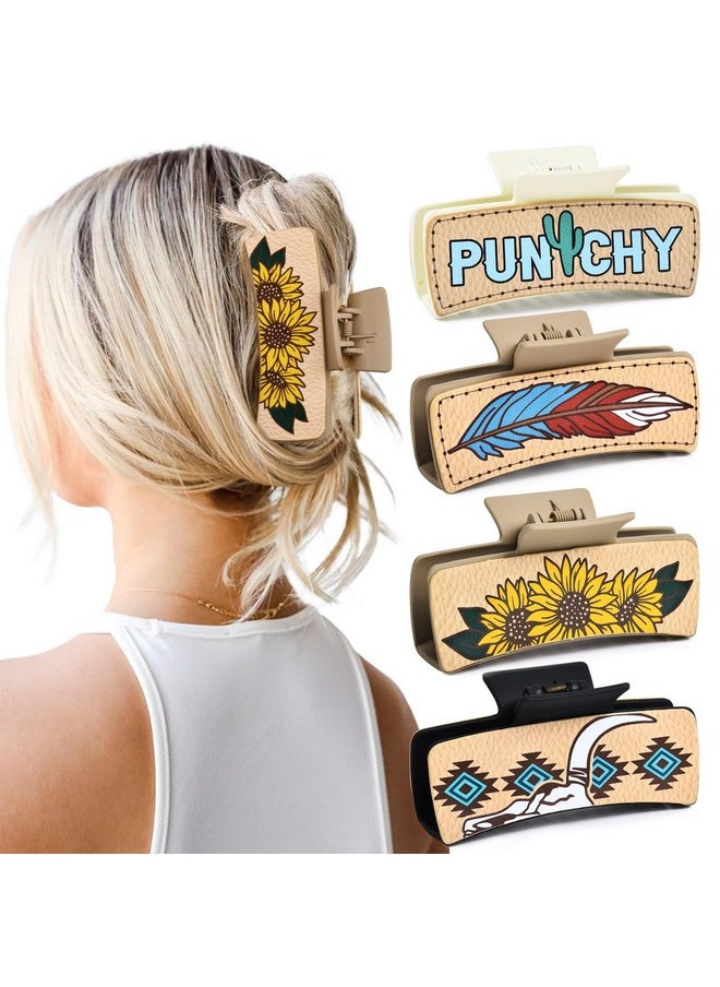 DEEKA - Western Hair Claw Clips Cow Print Sunflower Feather Pattern Leather Large Hair Clips 4 Pcs Brown Neutral Hair Clips 4" Country Girls Cowgirl Stuff Western Hair Accessories Gift For Girls - Image 1