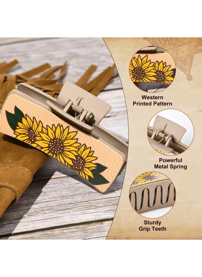 DEEKA - Western Hair Claw Clips Cow Print Sunflower Feather Pattern Leather Large Hair Clips 4 Pcs Brown Neutral Hair Clips 4" Country Girls Cowgirl Stuff Western Hair Accessories Gift For Girls - Image 1