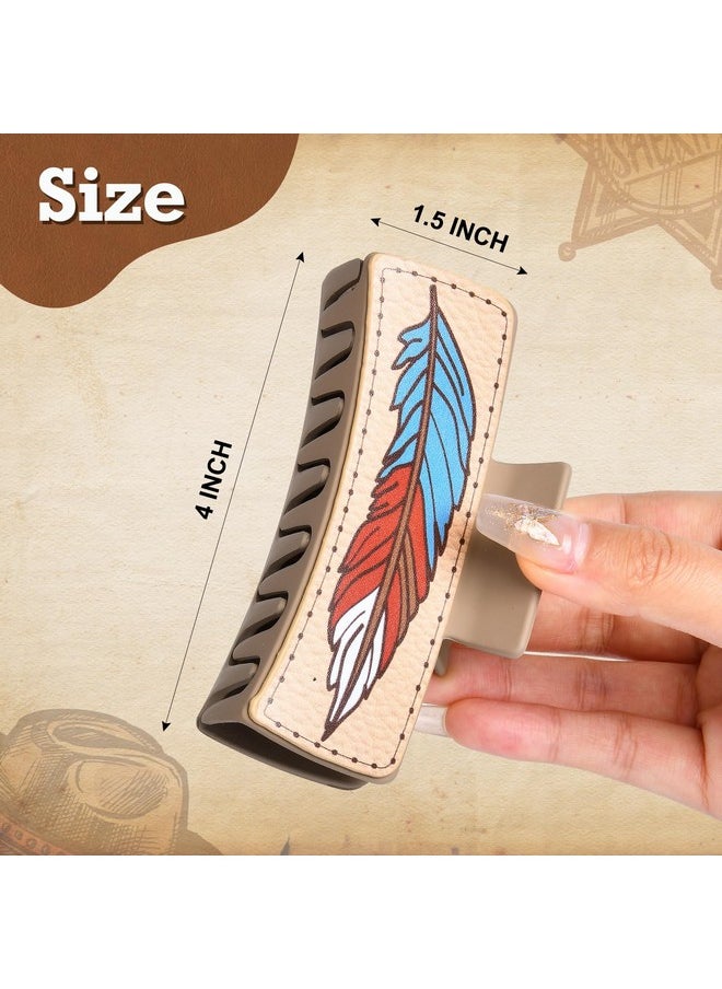 DEEKA - Western Hair Claw Clips Cow Print Sunflower Feather Pattern Leather Large Hair Clips 4 Pcs Brown Neutral Hair Clips 4" Country Girls Cowgirl Stuff Western Hair Accessories Gift For Girls - Image 1