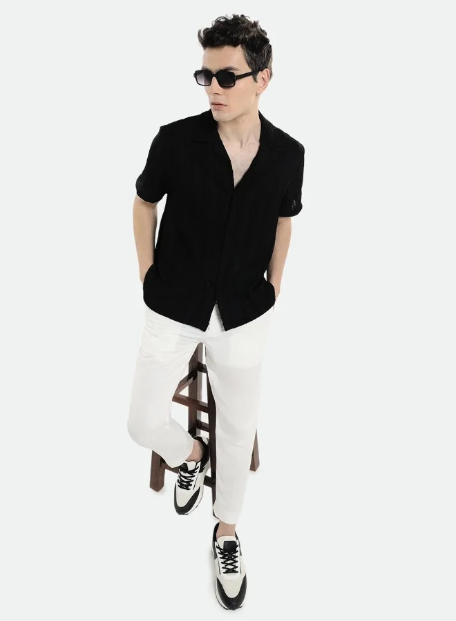 دينيس لينغو Relaxed Fit Black Shirt For Men Lycra Seer Sucker Fabric Striped Pattern Cuban Collar Half