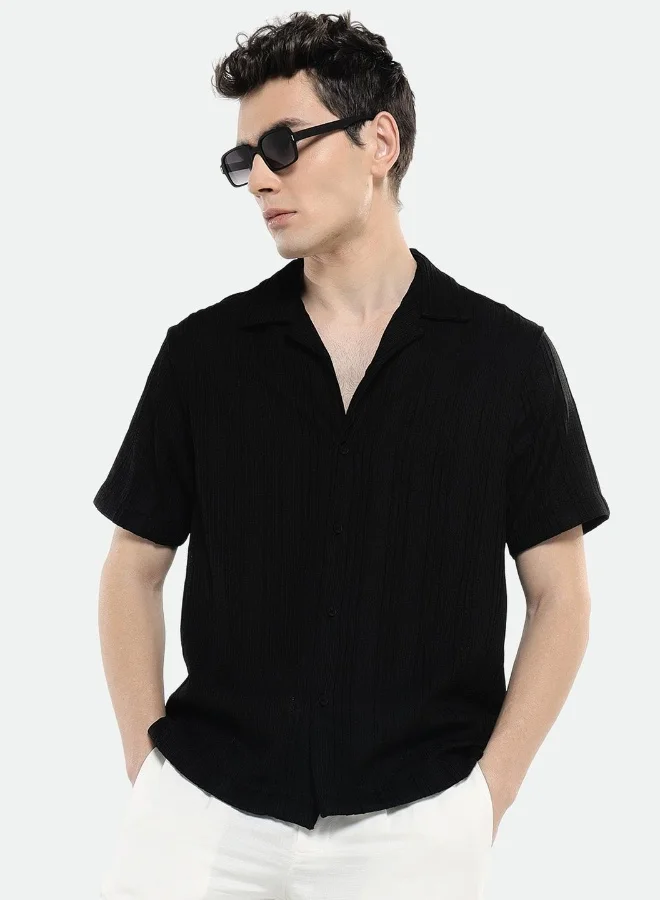 دينيس لينغو Relaxed Fit Black Shirt For Men Lycra Seer Sucker Fabric Striped Pattern Cuban Collar Half