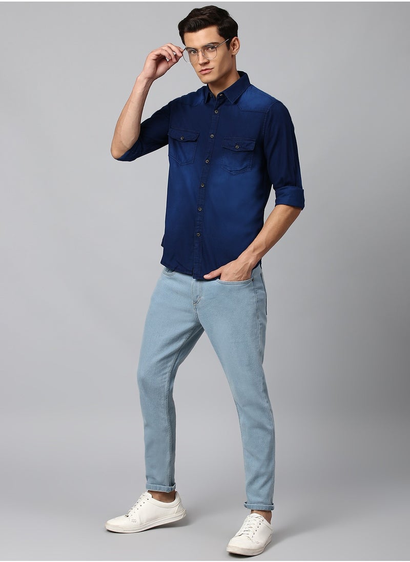 Dennis Lingo Slim Fit Dark Blue Men's Solid Shirt, Spread Collar, Full Sleeves, 100% Cotton,  - Image 5