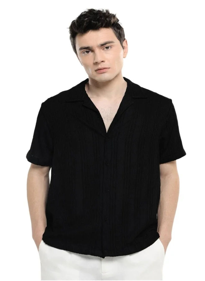 دينيس لينغو Relaxed Fit Black Shirt for Men - Lycra Seer Sucker Fabric, Striped Pattern, Cuban Collar, Half Sleeves, Casual Look