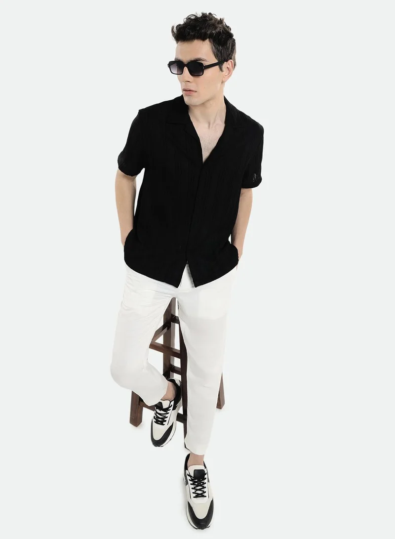 دينيس لينغو Relaxed Fit Black Shirt For Men Lycra Seer Sucker Fabric Striped Pattern Cuban Collar Half