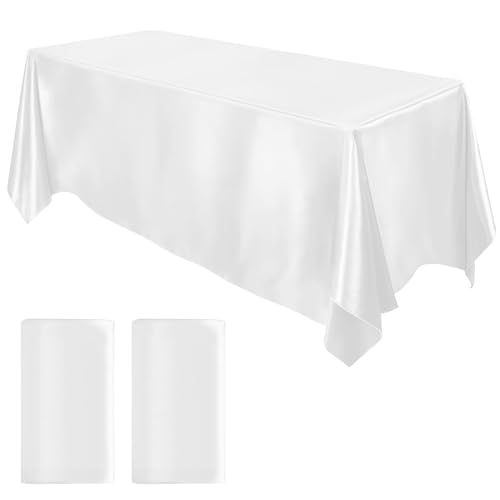 MCEAST 2 Packs Satin Tablecloth 102 x 58 Inches Rectangular Table Overlay Cover Bright Silk Tablecloth Smooth Fabric Table Decor for Wedding Banquet Decoration (White) - Image 1