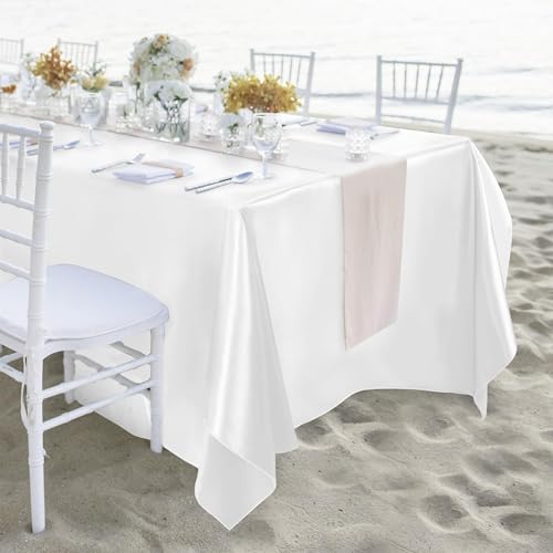 MCEAST 2 Packs Satin Tablecloth 102 x 58 Inches Rectangular Table Overlay Cover Bright Silk Tablecloth Smooth Fabric Table Decor for Wedding Banquet Decoration (White) - Image 5