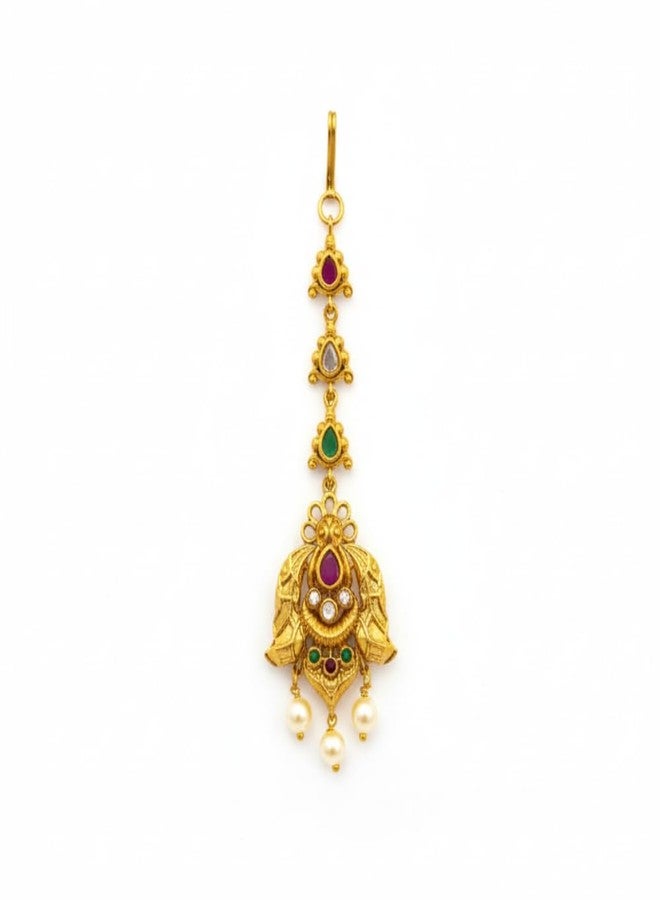 ZEELLO Gold Plated Maang Tikka with Multicolor Stones, Pearl Drops, Traditional Indian Jewelry - Image 1