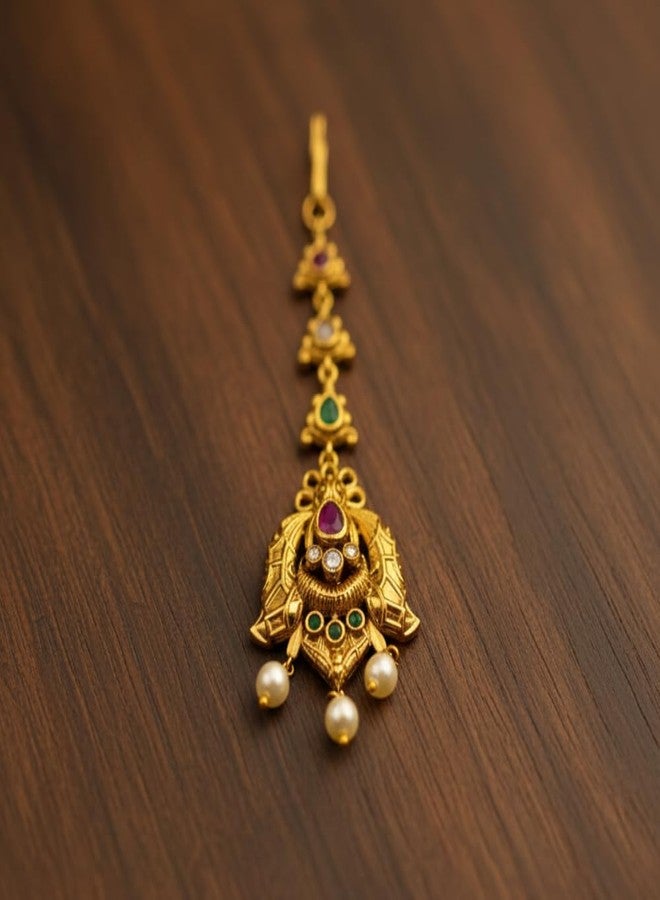 ZEELLO Gold Plated Maang Tikka with Multicolor Stones, Pearl Drops, Traditional Indian Jewelry - Image 4
