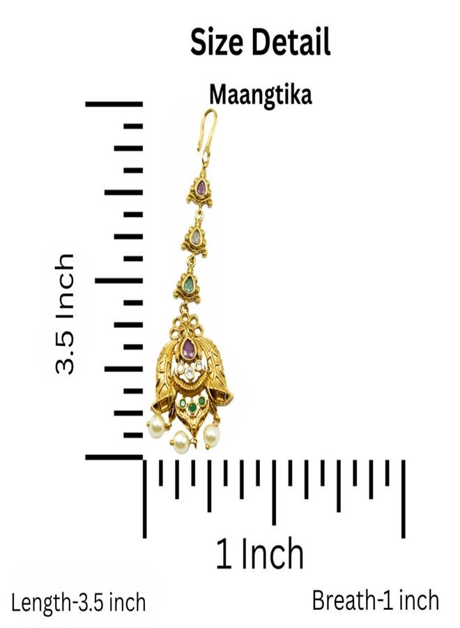 ZEELLO Gold Plated Maang Tikka with Multicolor Stones, Pearl Drops, Traditional Indian Jewelry - Image 5
