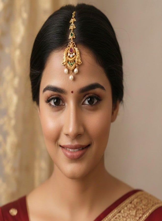 ZEELLO Gold Plated Maang Tikka with Multicolor Stones, Pearl Drops, Traditional Indian Jewelry - Image 3