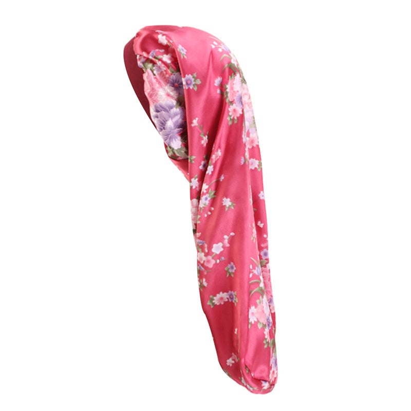 2 pcs Wide-brimmed Tube Hat Imitated Silk Fabric Stretchy Printed Sleeping Braid Hair Hat Comfortable Sleeping for Women Lady Wearing Red - Image 2