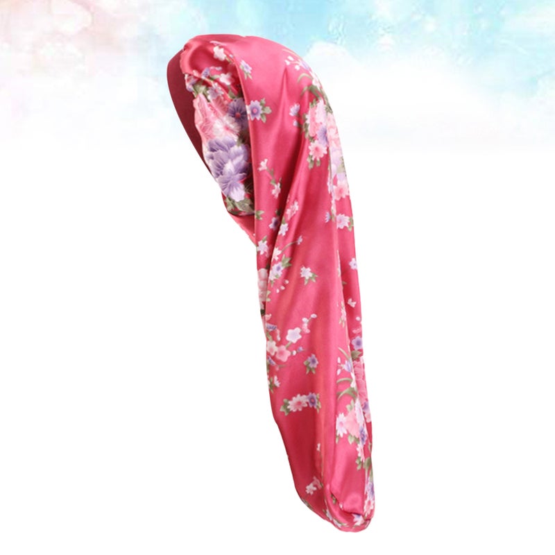 2 pcs Wide-brimmed Tube Hat Imitated Silk Fabric Stretchy Printed Sleeping Braid Hair Hat Comfortable Sleeping for Women Lady Wearing Red - Image 4