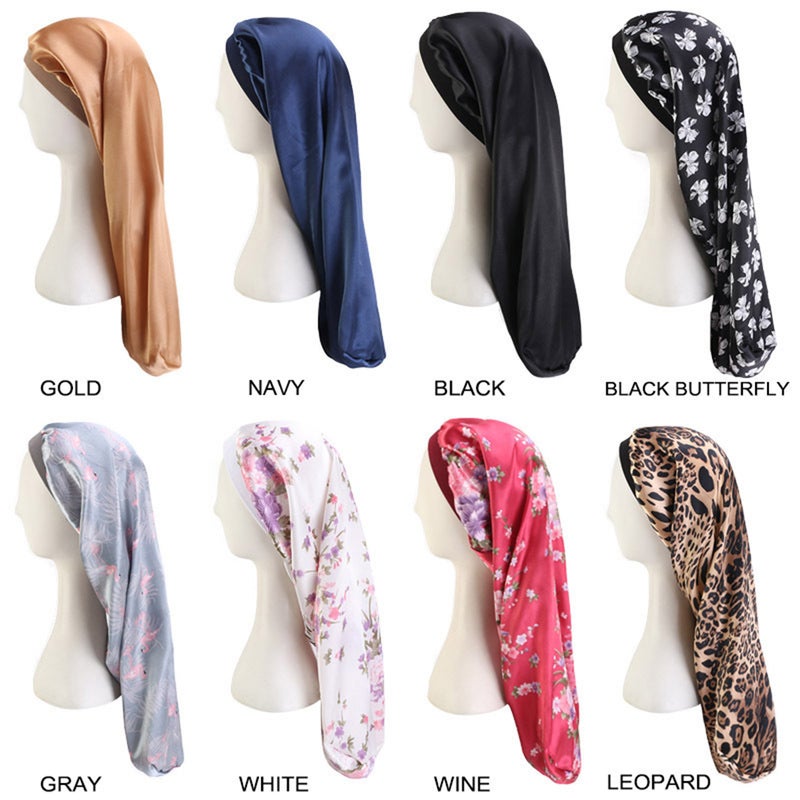 2 pcs Wide-brimmed Tube Hat Imitated Silk Fabric Stretchy Printed Sleeping Braid Hair Hat Comfortable Sleeping for Women Lady Wearing Red - Image 1