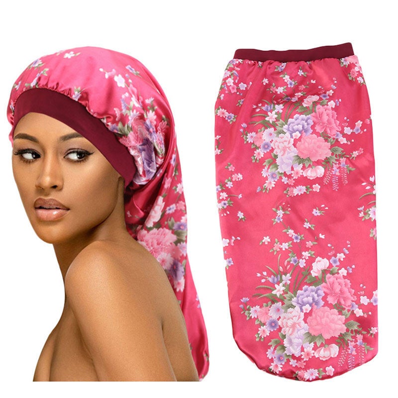 2 pcs Wide-brimmed Tube Hat Imitated Silk Fabric Stretchy Printed Sleeping Braid Hair Hat Comfortable Sleeping for Women Lady Wearing Red - Image 5