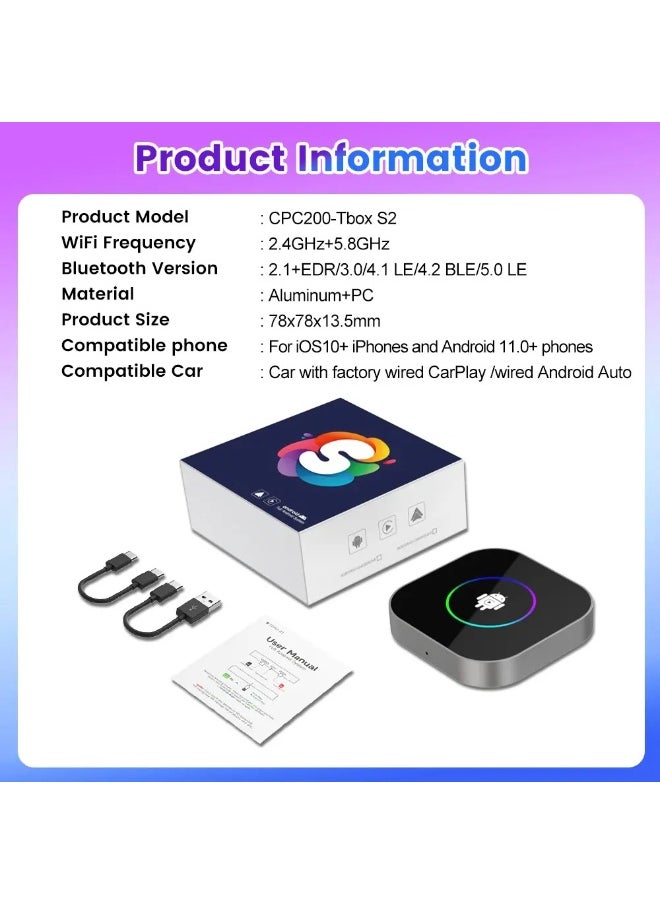 Android 13 Tbox S2, 4+64GB with Qualcomm 8-core SM6115 processor, 4G SIM Connection, WiFi & Bluetooth, Integrated GPS, Supports Wireless CarPlay & Wireless Android Auto