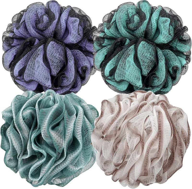 Bath Shower Loofah Sponge 60g Bath Mesh Pouf Shower Ball Body Scrubber Exfoliating Bath Sponge for Women and Men, Set of 4, Colorful Grey
