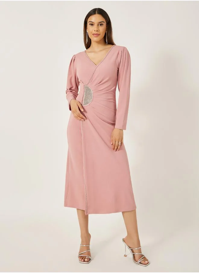 Styli Embellished Long Sleeves Wrap Midi Dress