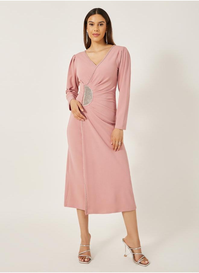 Styli Embellished Long Sleeves Wrap Midi Dress  - Image 1