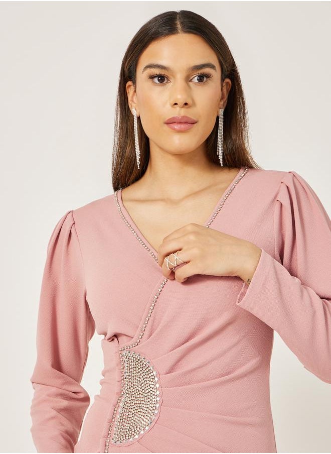 Styli Embellished Long Sleeves Wrap Midi Dress  - Image 4