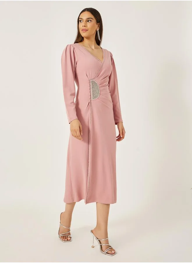 Styli Embellished Long Sleeves Wrap Midi Dress