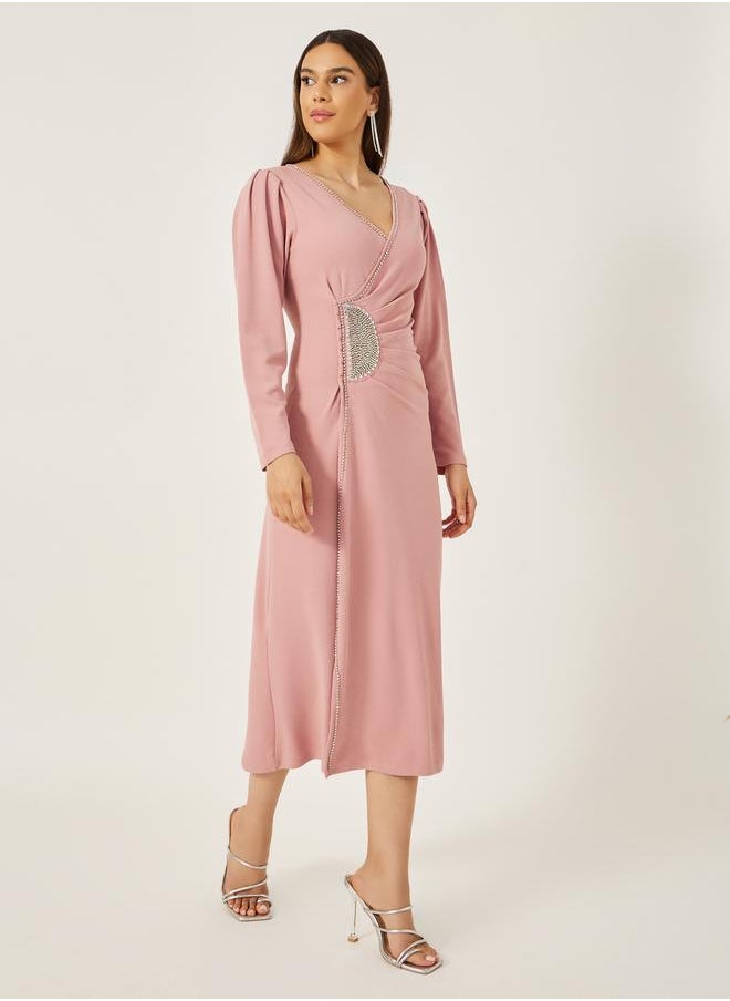 Styli Embellished Long Sleeves Wrap Midi Dress  - Image 2