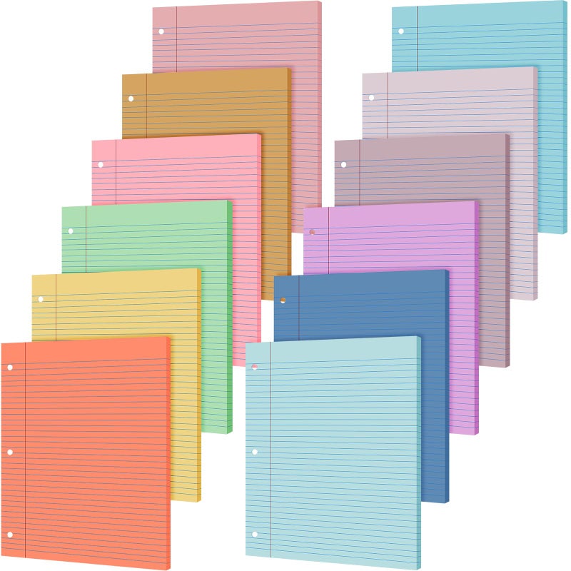 PerKoop 12 Pack 600 Sheets Colored Lined Paper Bulk Wide Ruled 8 x 105 Inches Pastel Loose Leaf Notebook Paper 3 Hole Punched Filler for Back School Classroom SuppliesSweet Color