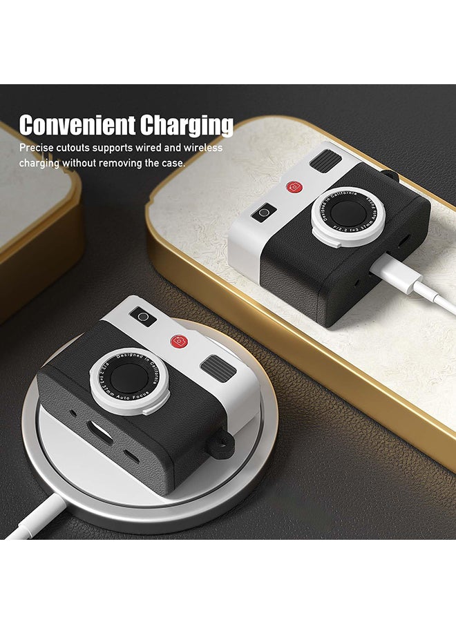 O Ozone Protective Case for Airpods 4 Case Cover with Keychain, Retro 3D Camera Protective Silicone Skin Headphone Case Cover - Black  - Image 3