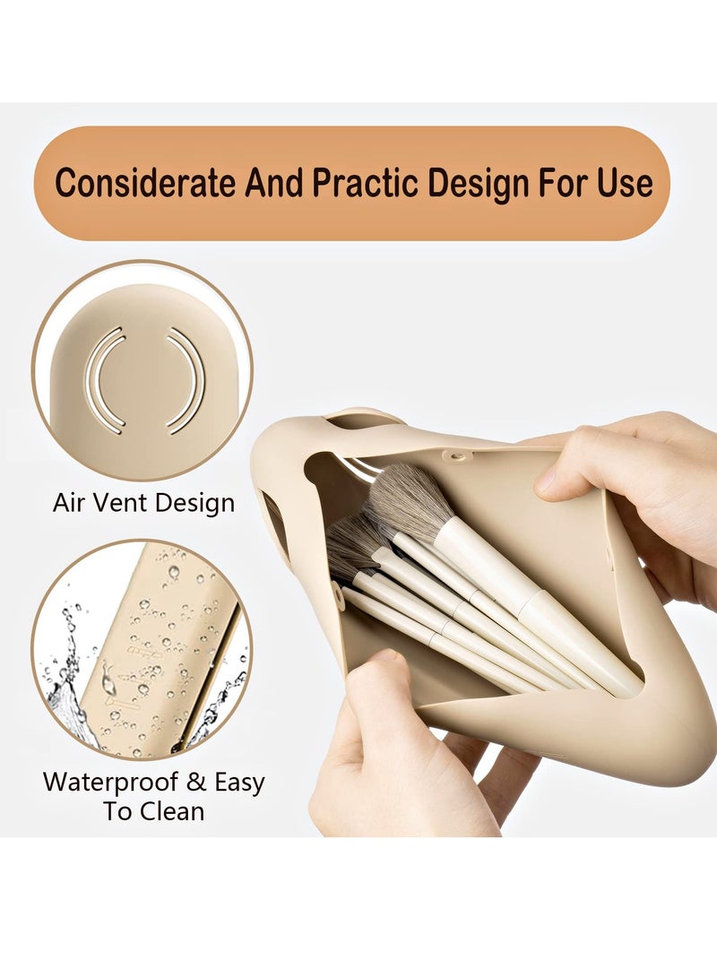 SYOSI Travel Makeup Brush Holder, Silicone Makeup Brush Case Holder, Portable Make Up Brush Organizer Travel Case, Easy to Clean Cosmetic Brush Covers, Sleek Makeup Tools Organizer for Travel (Beige) - Image 4