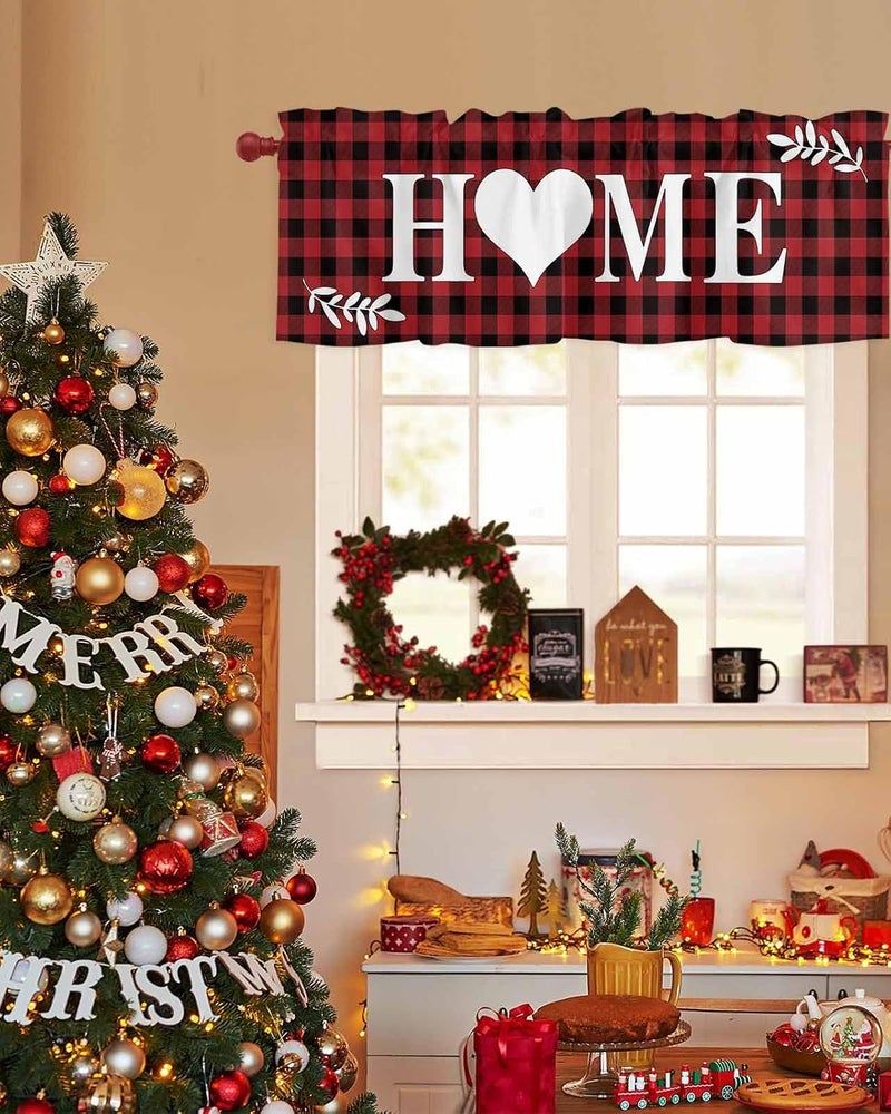 Christmas Curtain Valances Red and Black Check Plaid Valance for Kitchen Windows Love Heart Buffalo Rod Pocket Valance Curtains for Living Room Bedroom Small Windows Home Decor 54x18in - Image 4
