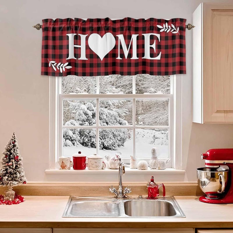 Christmas Curtain Valances Red and Black Check Plaid Valance for Kitchen Windows Love Heart Buffalo Rod Pocket Valance Curtains for Living Room Bedroom Small Windows Home Decor 54x18in - Image 2