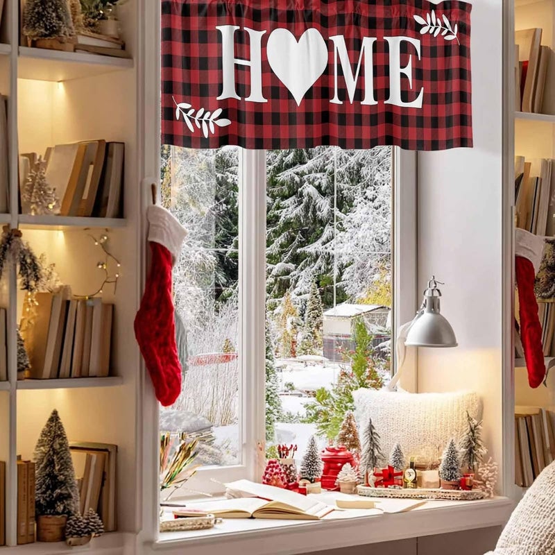 Christmas Curtain Valances Red and Black Check Plaid Valance for Kitchen Windows Love Heart Buffalo Rod Pocket Valance Curtains for Living Room Bedroom Small Windows Home Decor 54x18in - Image 3