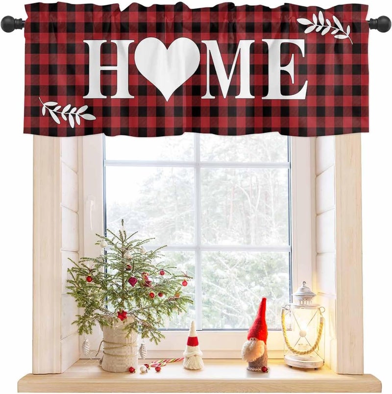 Christmas Curtain Valances Red and Black Check Plaid Valance for Kitchen Windows Love Heart Buffalo Rod Pocket Valance Curtains for Living Room Bedroom Small Windows Home Decor 54x18in - Image 1