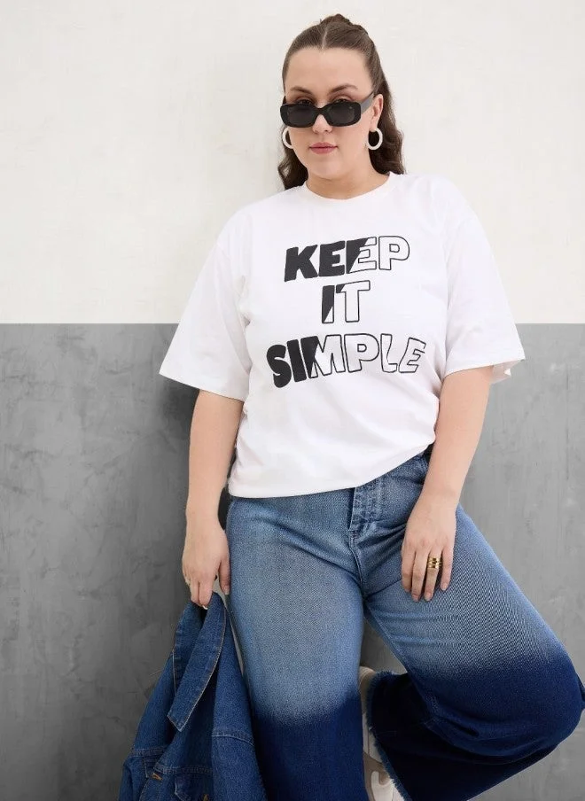 SASSAFRAS White Typography Printed Oversized T-Shirt for Women