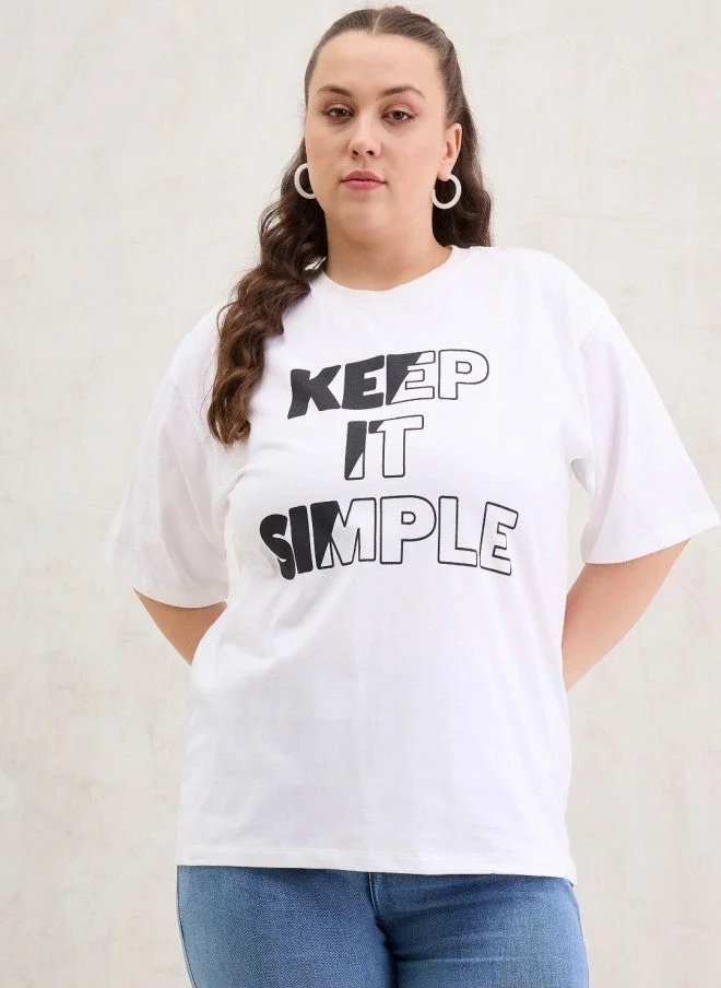 SASSAFRAS White Typography Printed Oversized T-Shirt for Women