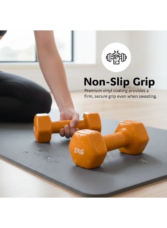 بلا نهاية دمبل ثابت بطلاء الفينيل زوج | 2 كجم لكل واحد (إجمالي 4 كجم) | برتقالي | مصنوع من الحديد بطلاء فينيل | أوزان مدمجة للرياضة في المنزل، التمارين، اللياقة البدنية للرجال والنساء - Image 2