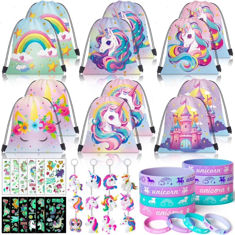 SNLN 12 Sets Unicorn Party Favors Birthday Supplies for Girls Kid Drawstring Bag Silicone Bracelet Tattoo Sticker Keychain Goodie Bag Stuffer Filler Unicorn Birthday Decorations Girls Party Favors - Image 3