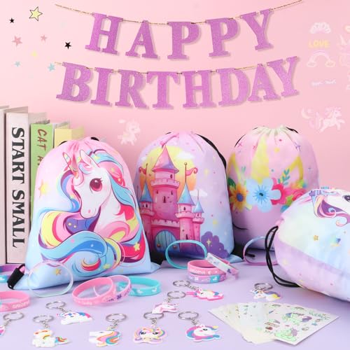 SNLN 12 Sets Unicorn Party Favors Birthday Supplies for Girls Kid Drawstring Bag Silicone Bracelet Tattoo Sticker Keychain Goodie Bag Stuffer Filler Unicorn Birthday Decorations Girls Party Favors - Image 5