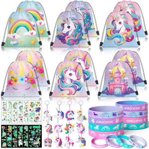 SNLN 12 Sets Unicorn Party Favors Birthday Supplies for Girls Kid Drawstring Bag Silicone Bracelet Tattoo Sticker Keychain Goodie Bag Stuffer Filler Unicorn Birthday Decorations Girls Party Favors - Image 1