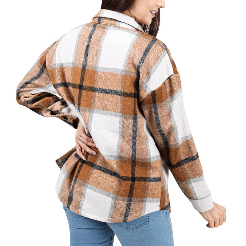 NY Threads Women's Flannel Shirt Plaid Shacket Fall Outfit Relaxed Fit Button Down Long Sleeve Top Casual Jacket for Women, Small, Brown/White - Image 2