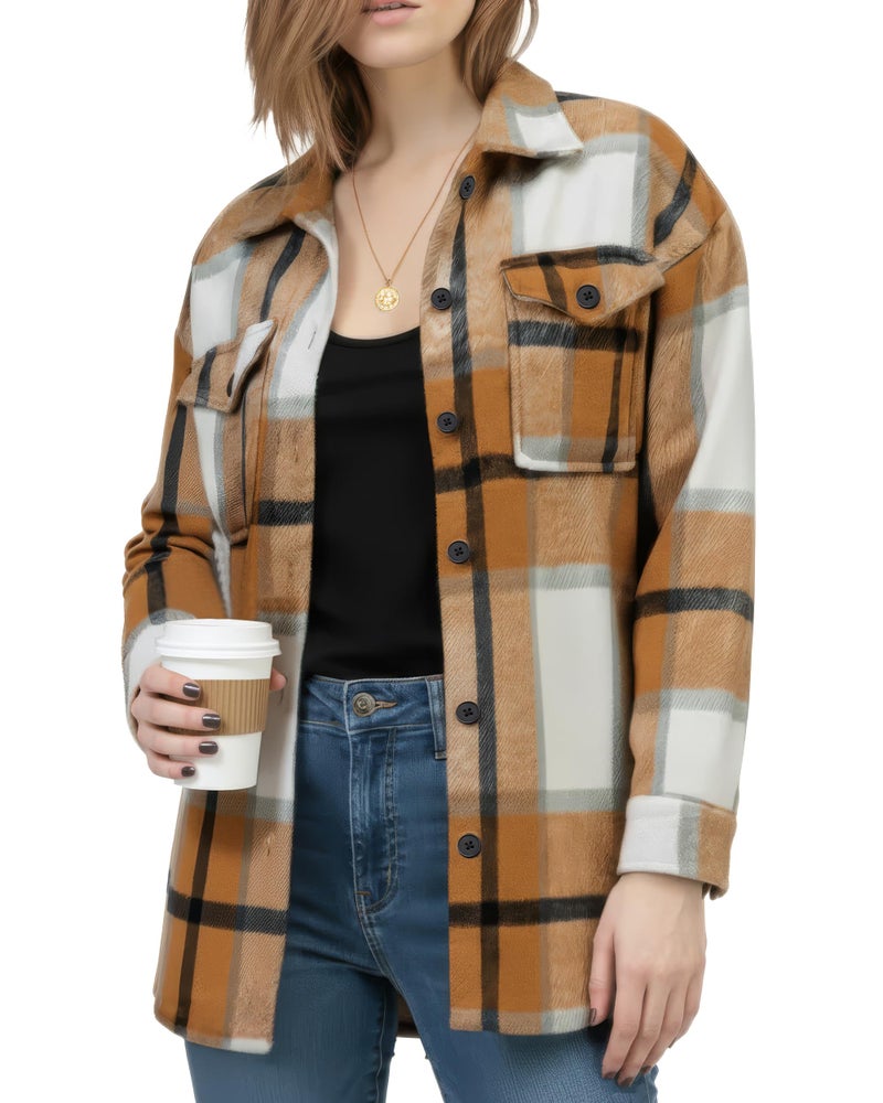 NY Threads Women's Flannel Shirt Plaid Shacket Fall Outfit Relaxed Fit Button Down Long Sleeve Top Casual Jacket for Women, Small, Brown/White - Image 1