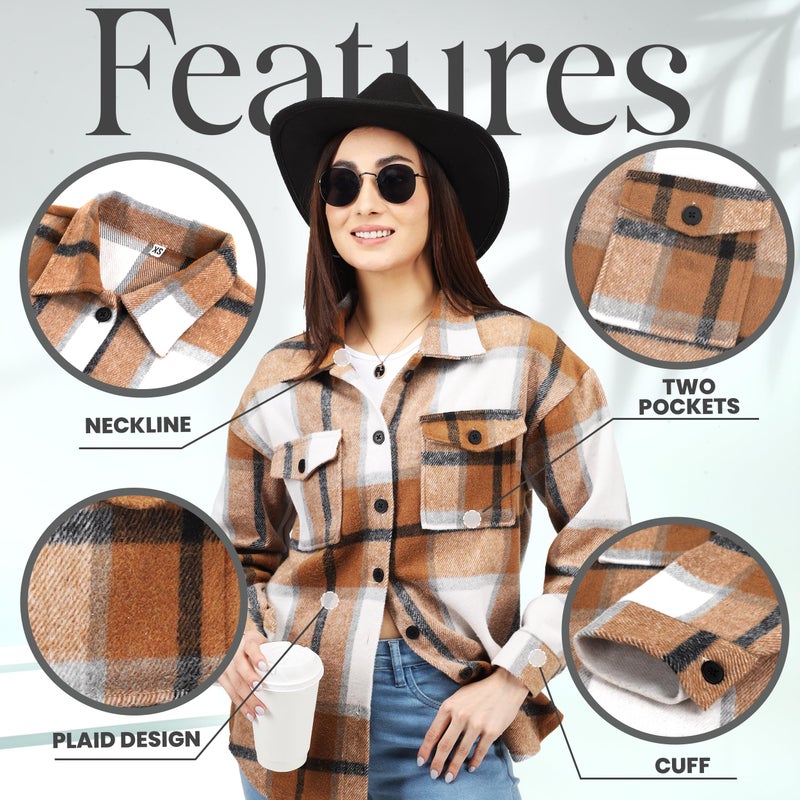 NY Threads Women's Flannel Shirt Plaid Shacket Fall Outfit Relaxed Fit Button Down Long Sleeve Top Casual Jacket for Women, Small, Brown/White - Image 4