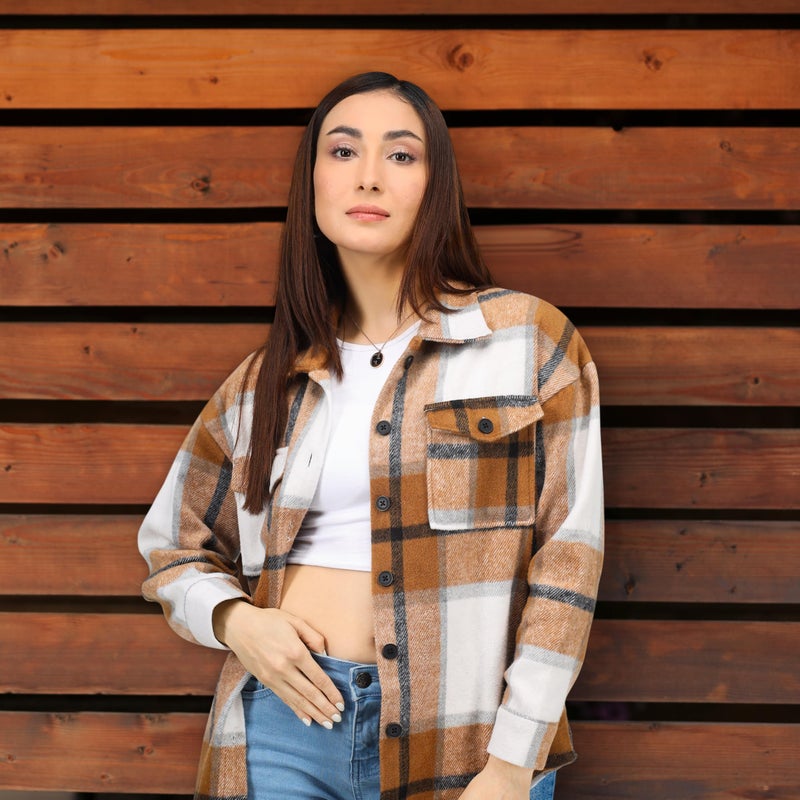 NY Threads Women's Flannel Shirt Plaid Shacket Fall Outfit Relaxed Fit Button Down Long Sleeve Top Casual Jacket for Women, Small, Brown/White - Image 3