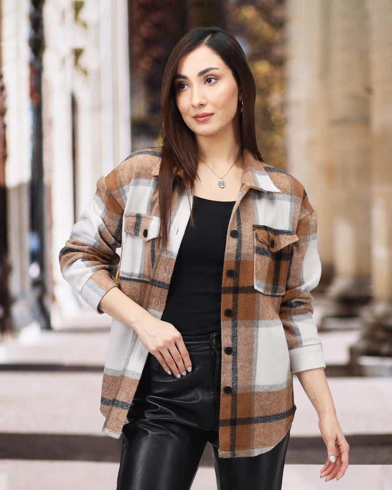 NY Threads Women's Flannel Shirt Plaid Shacket Fall Outfit Relaxed Fit Button Down Long Sleeve Top Casual Jacket for Women, Small, Brown/White - Image 5