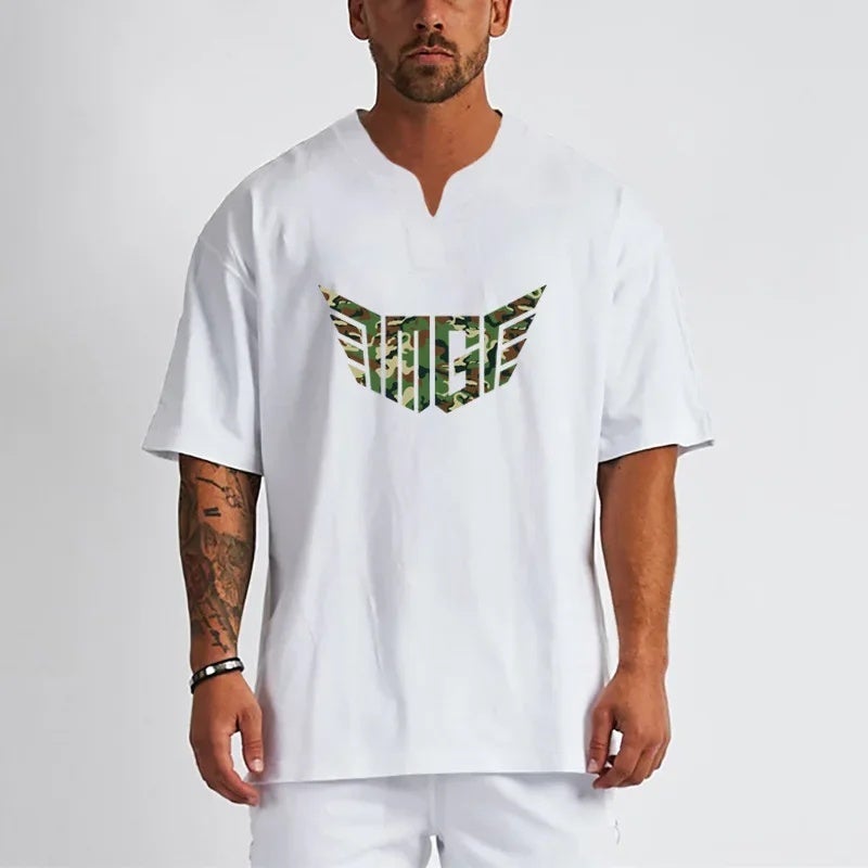 fashion brand V-neck heavy cotton fitness short-sleeved clothes men''s summer running loose Foreign Trade sports T-shirt fashion - Image 3