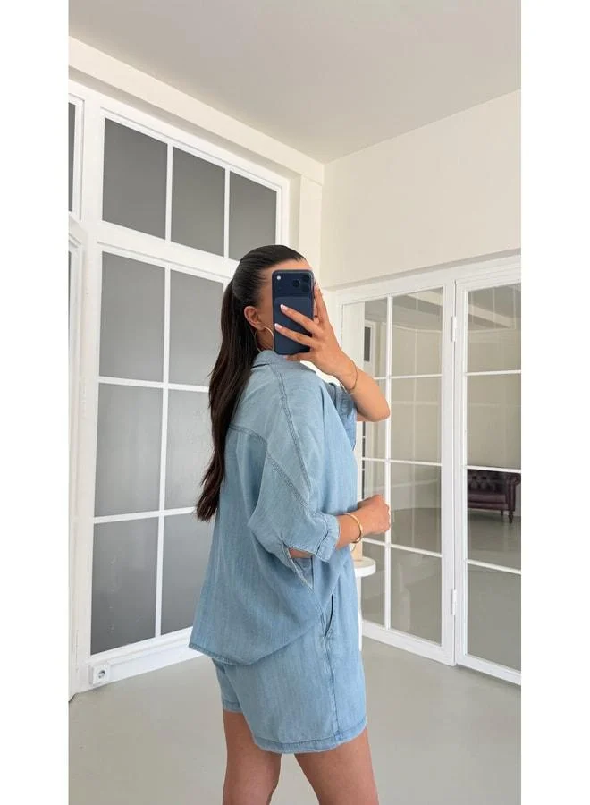 Gaus  Blue Tencel Denim Shirt Set with Shorts GAUS-01717. for Women | Best Price UAE